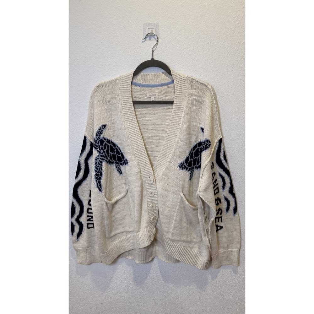 Pilcro Anthropologie Cardigan Sweater Womens Large P White Sea Turtle Nautical
